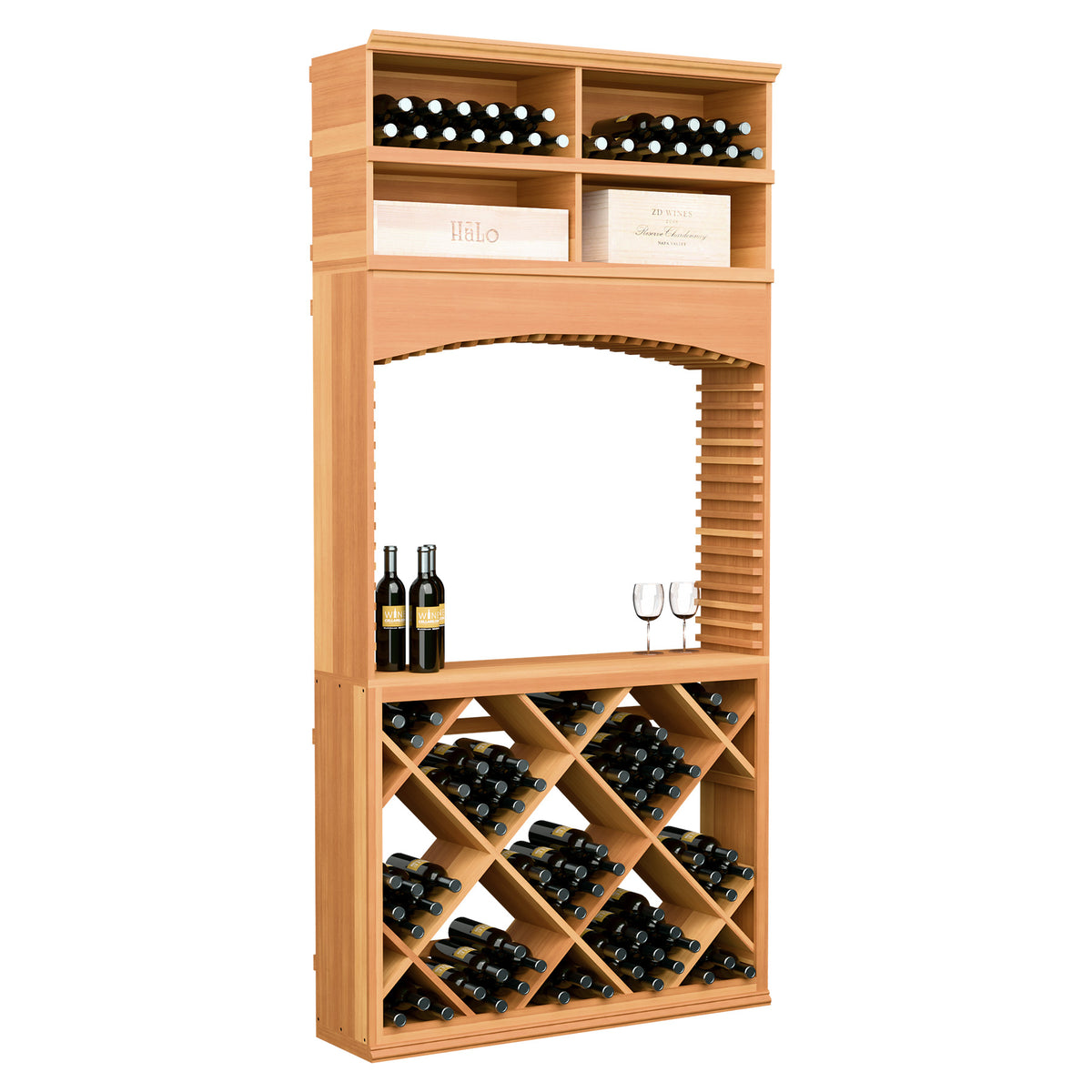 Medium wood wine tasting station with archway, top wine bottle display and diamond storage rack