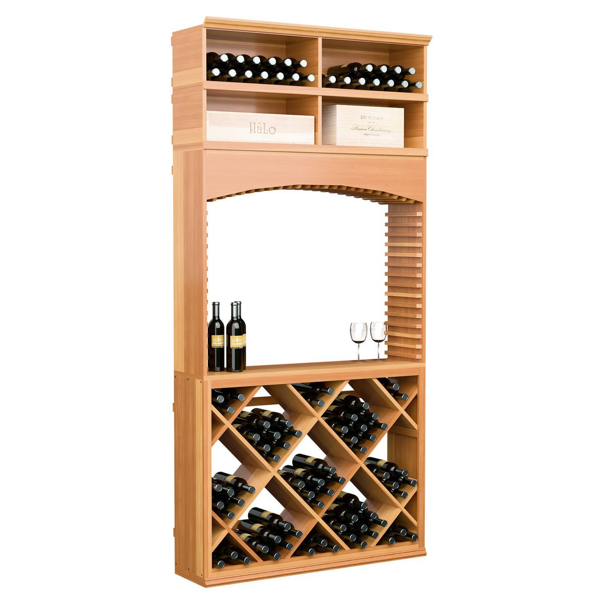 Medium wood wine tasting cabinet with arched doorway, bottle holders above and diamond wine rack