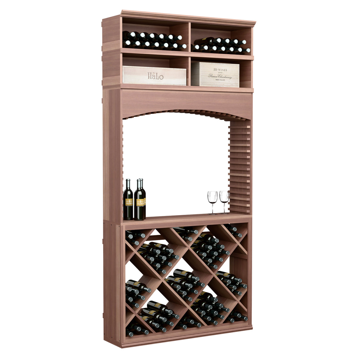 Dark wood wine tasting station with archway, bottle display bins and diamond crisscross wine rack