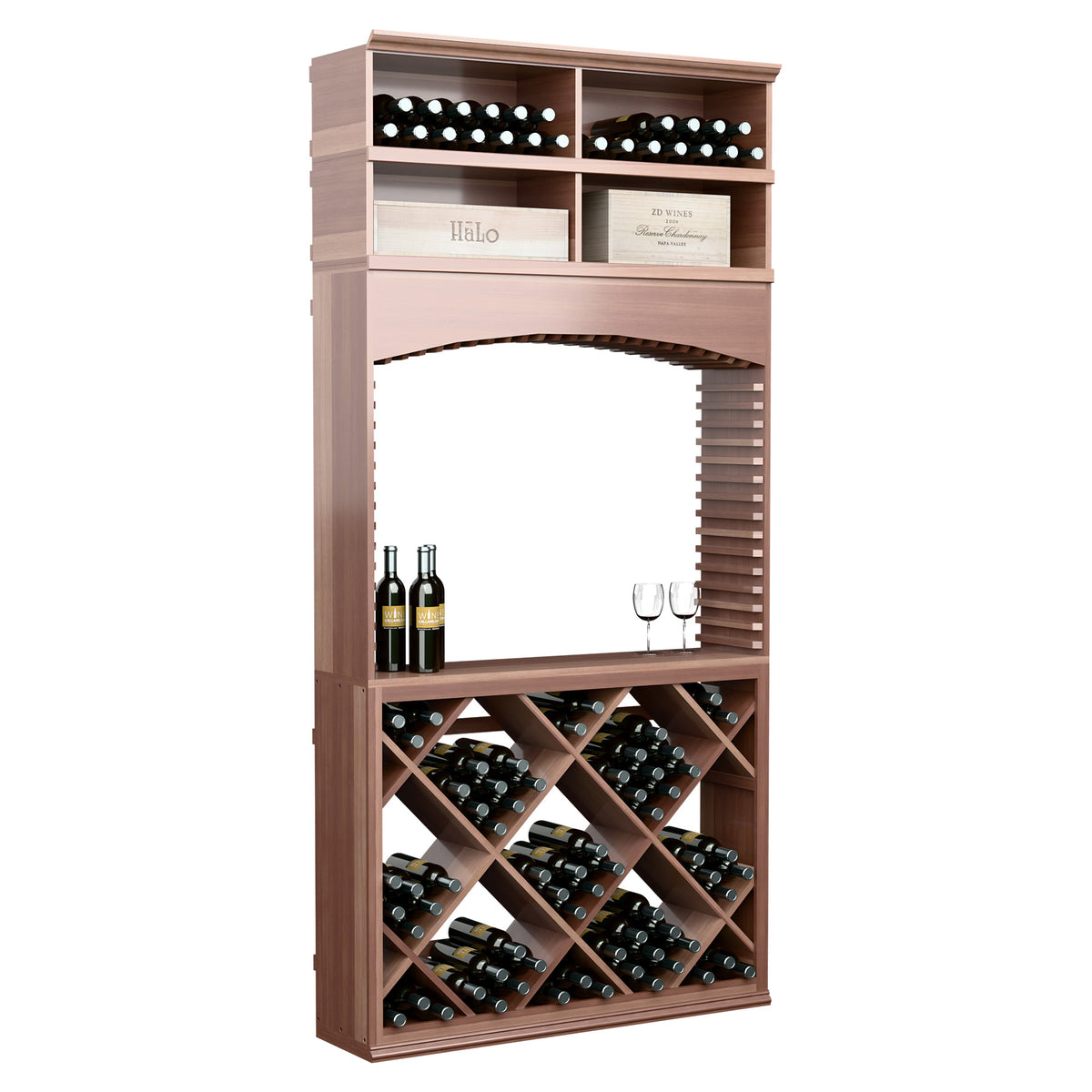 Dark wood wine tasting cabinet with arched opening, top bottle holders and diagonal diamond wine rack