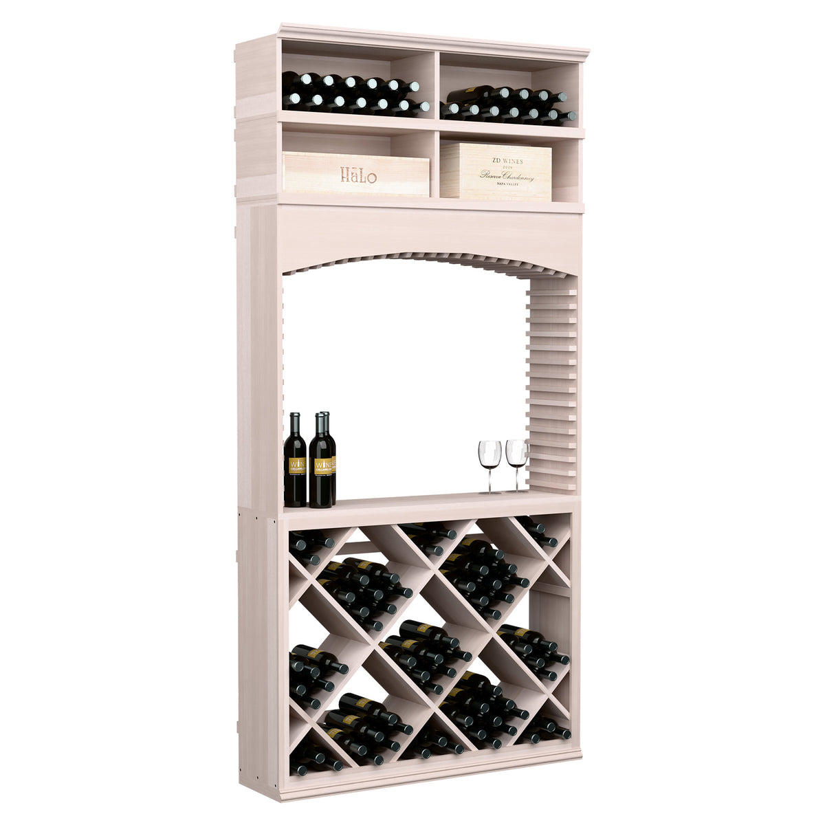 Light wood wine tasting station with archway, top bottle display bins and diamond wine rack