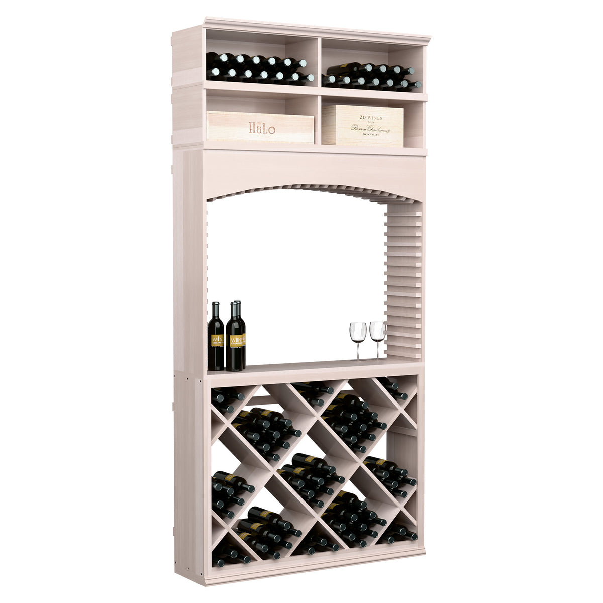 Light wood wine tasting cabinet with arched opening, bottle holders above and crisscross diamond wine rack