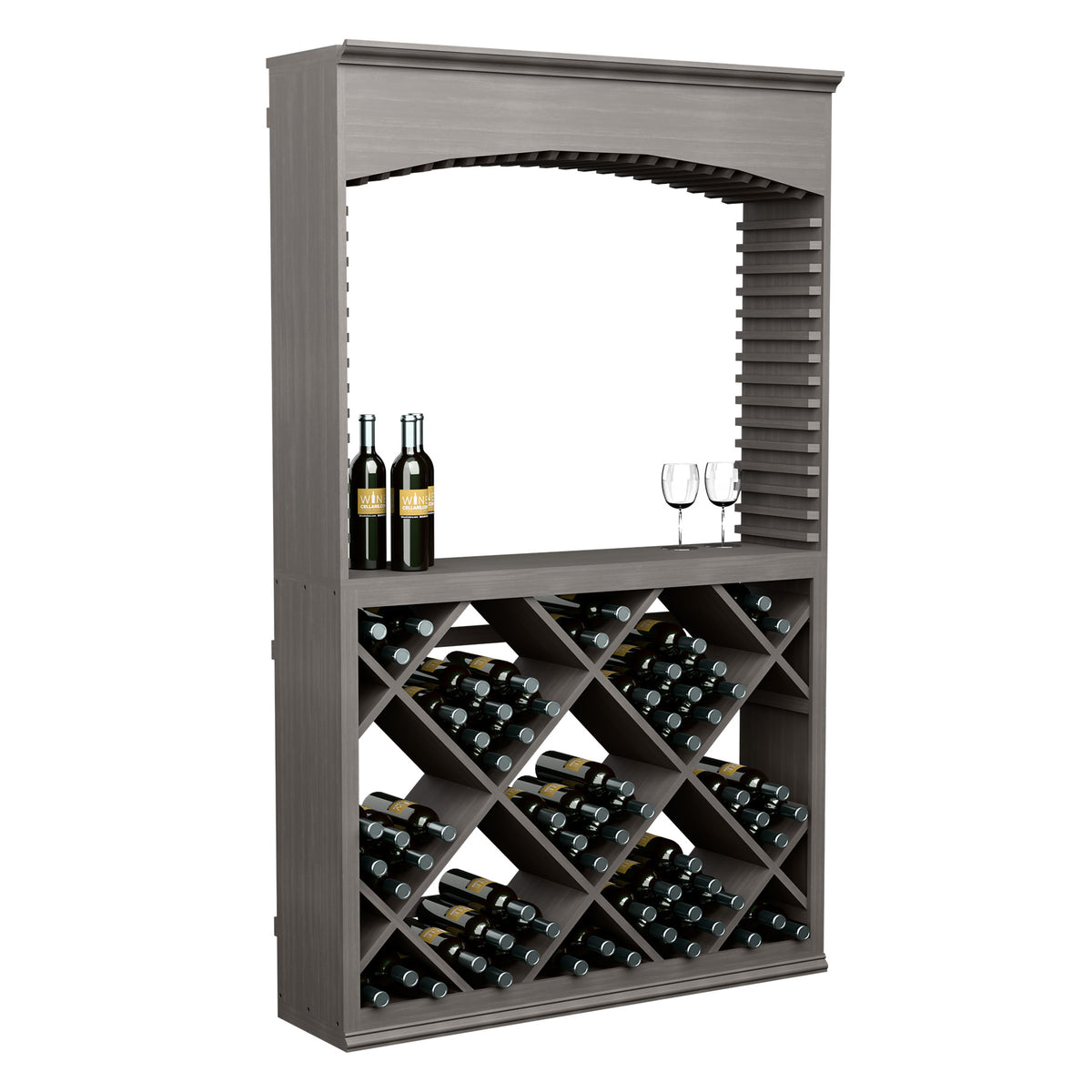 Wooden wine tasting station with arched top, bottle racks, and glass holders