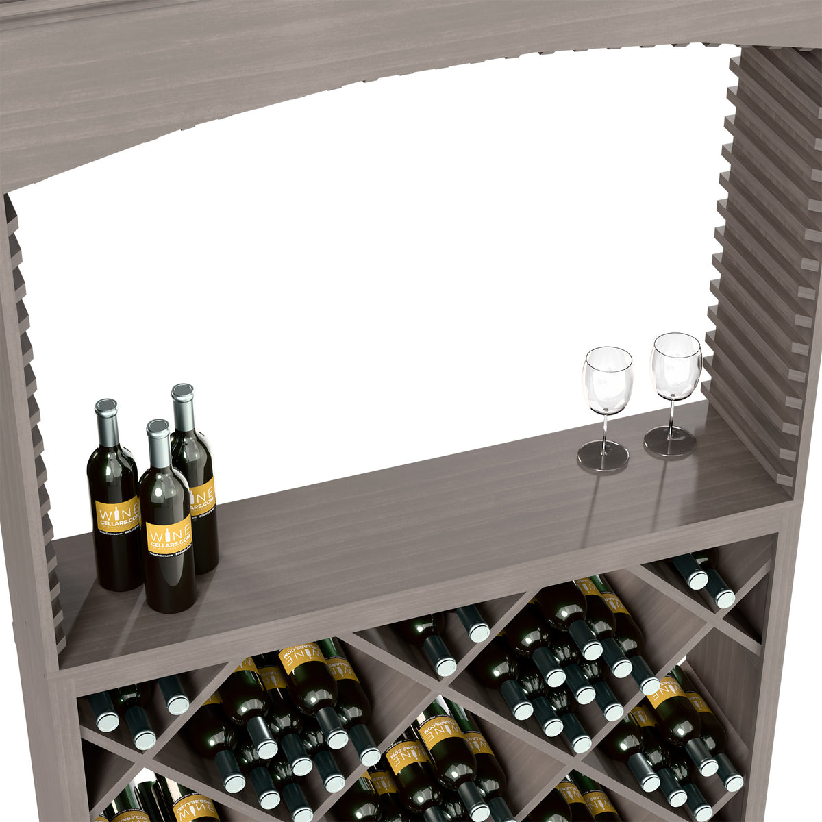 Wooden wine tasting station interior with bottle slots and two stemmed glasses