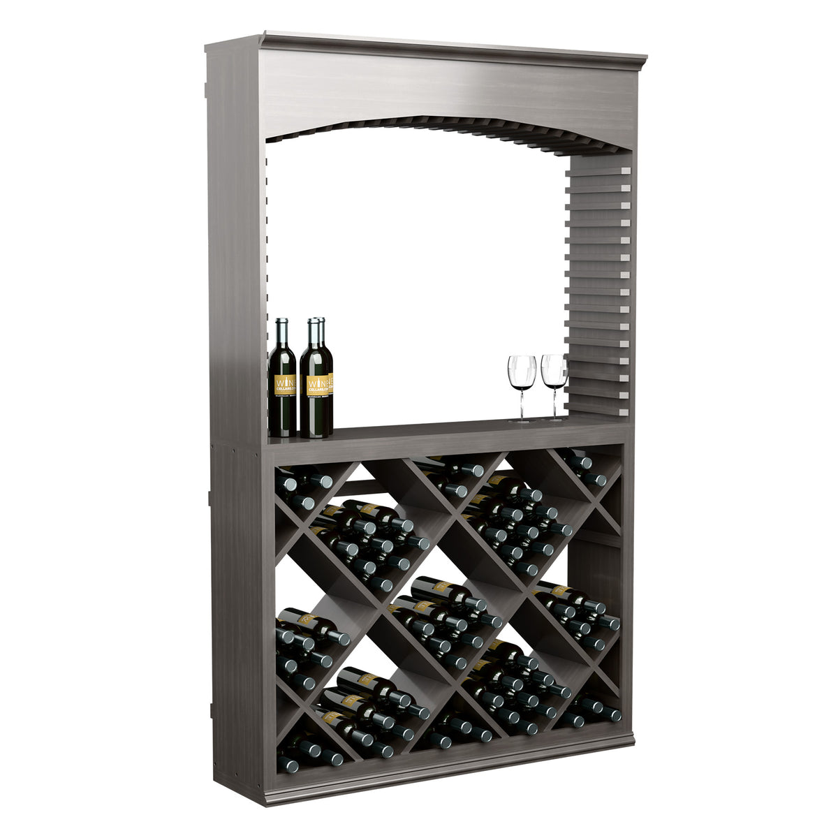 Wooden wine tasting station with arched frame, crisscross bottle storage, glass area