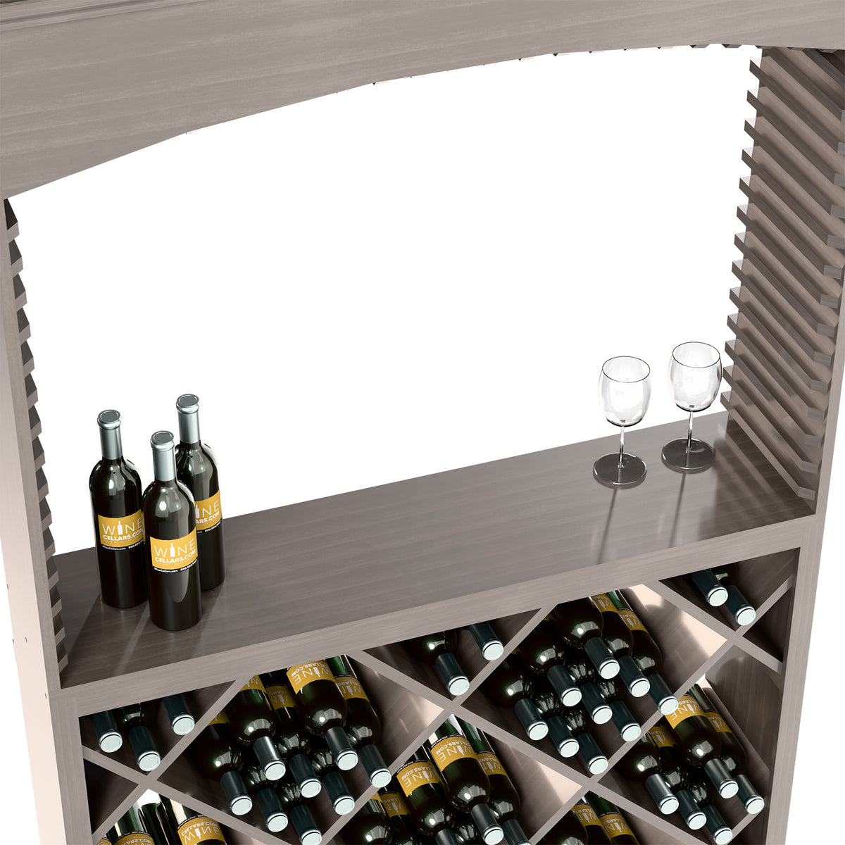 Wooden wine tasting station interior showing bottle racks and two stemmed glasses