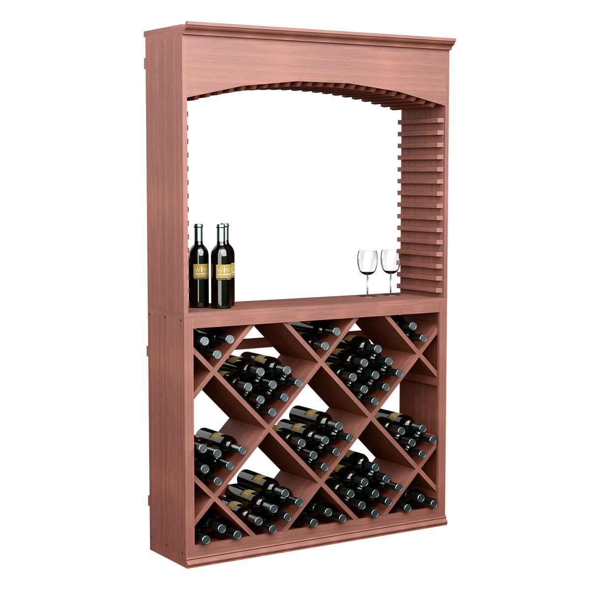 Wooden wine tasting station with arched top and crisscross bottle rack storage