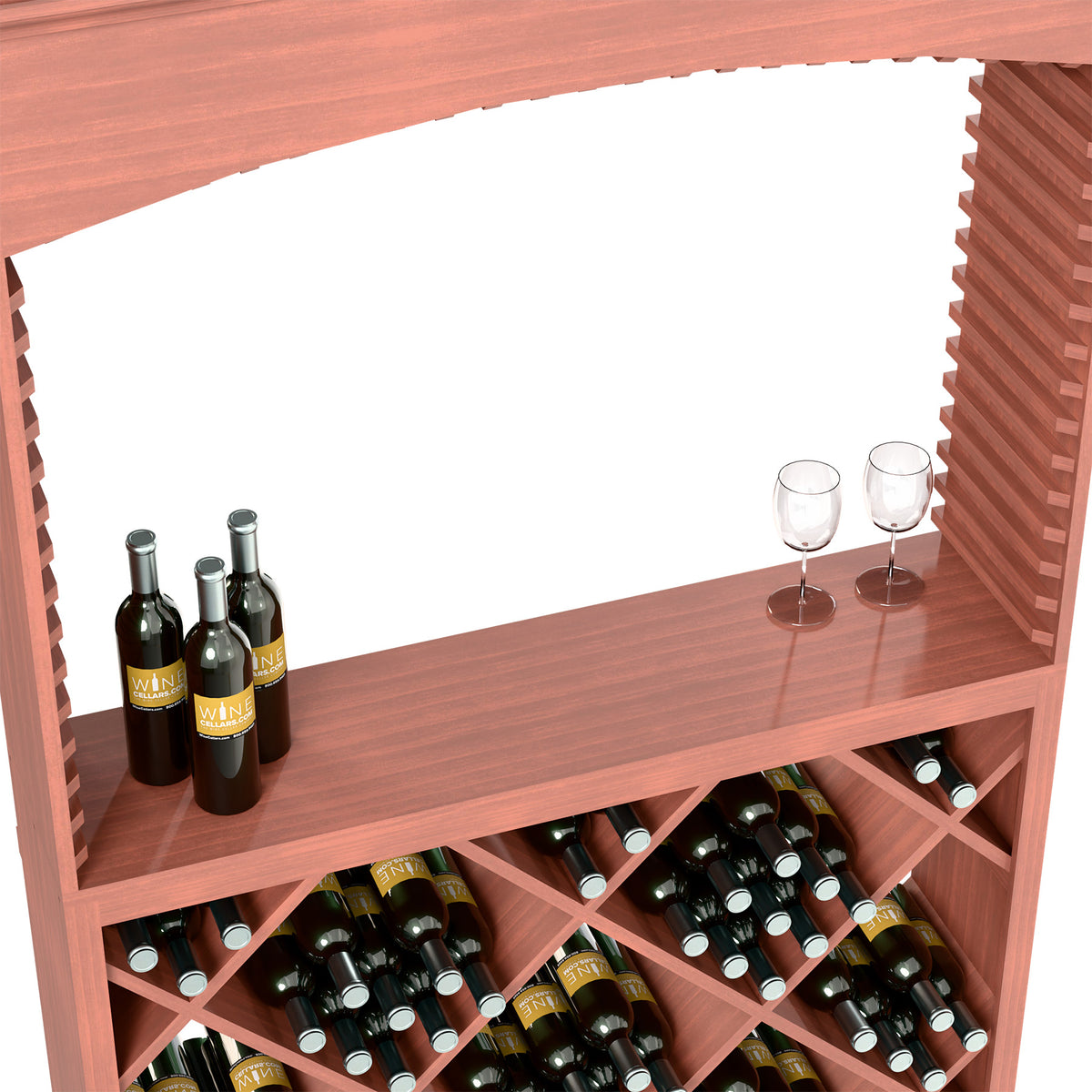 Wooden wine tasting station interior with bottle slots and two stemmed glasses