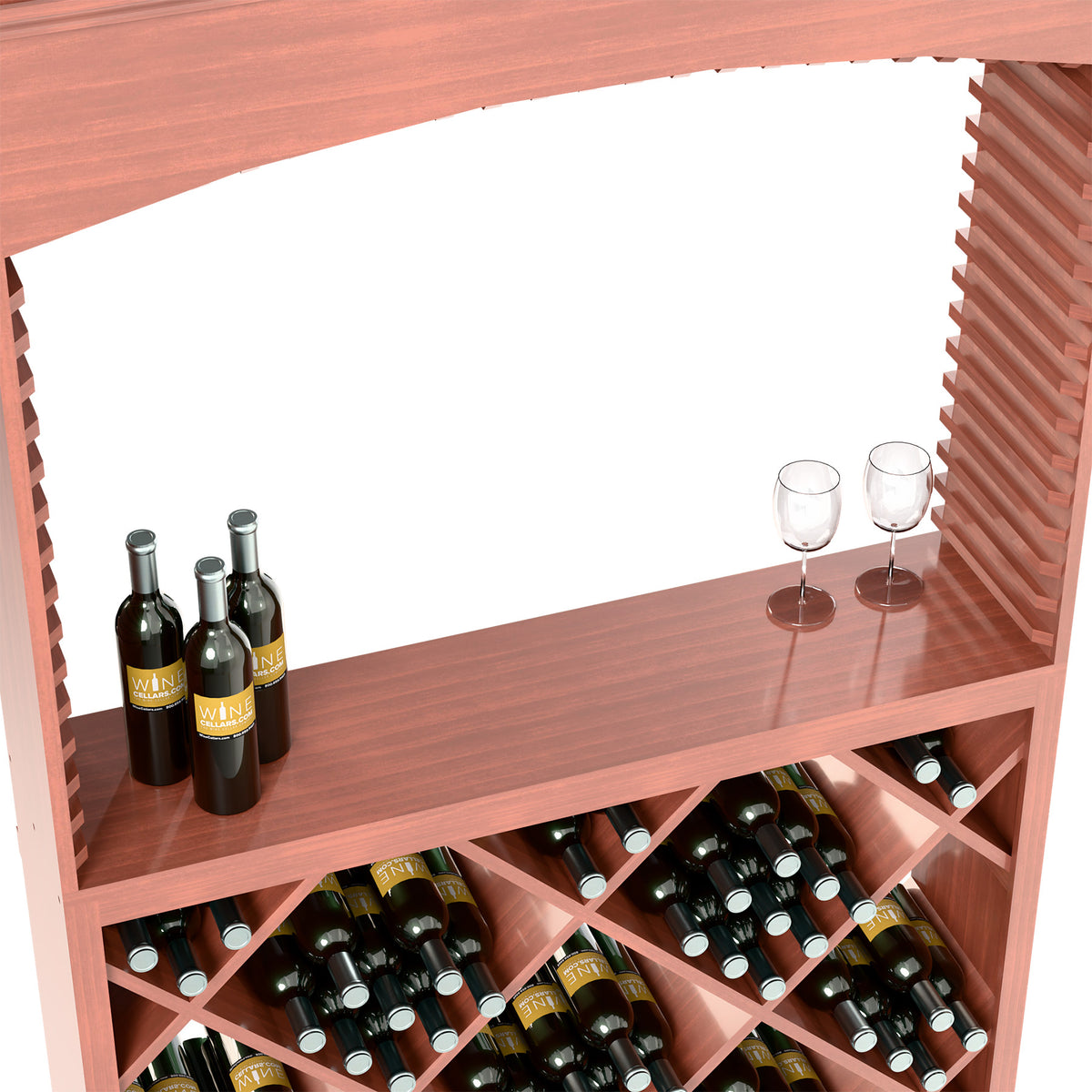 Wooden wine tasting station interior with bottle racks and two stemmed glasses