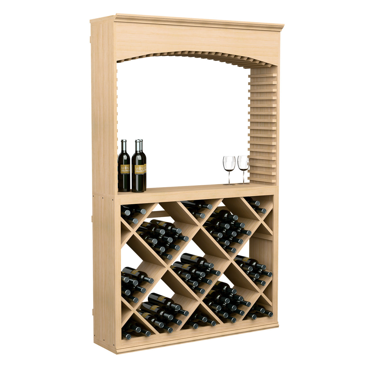 Light-wood wine tasting station with arched top, crisscross bottle rack, glass area