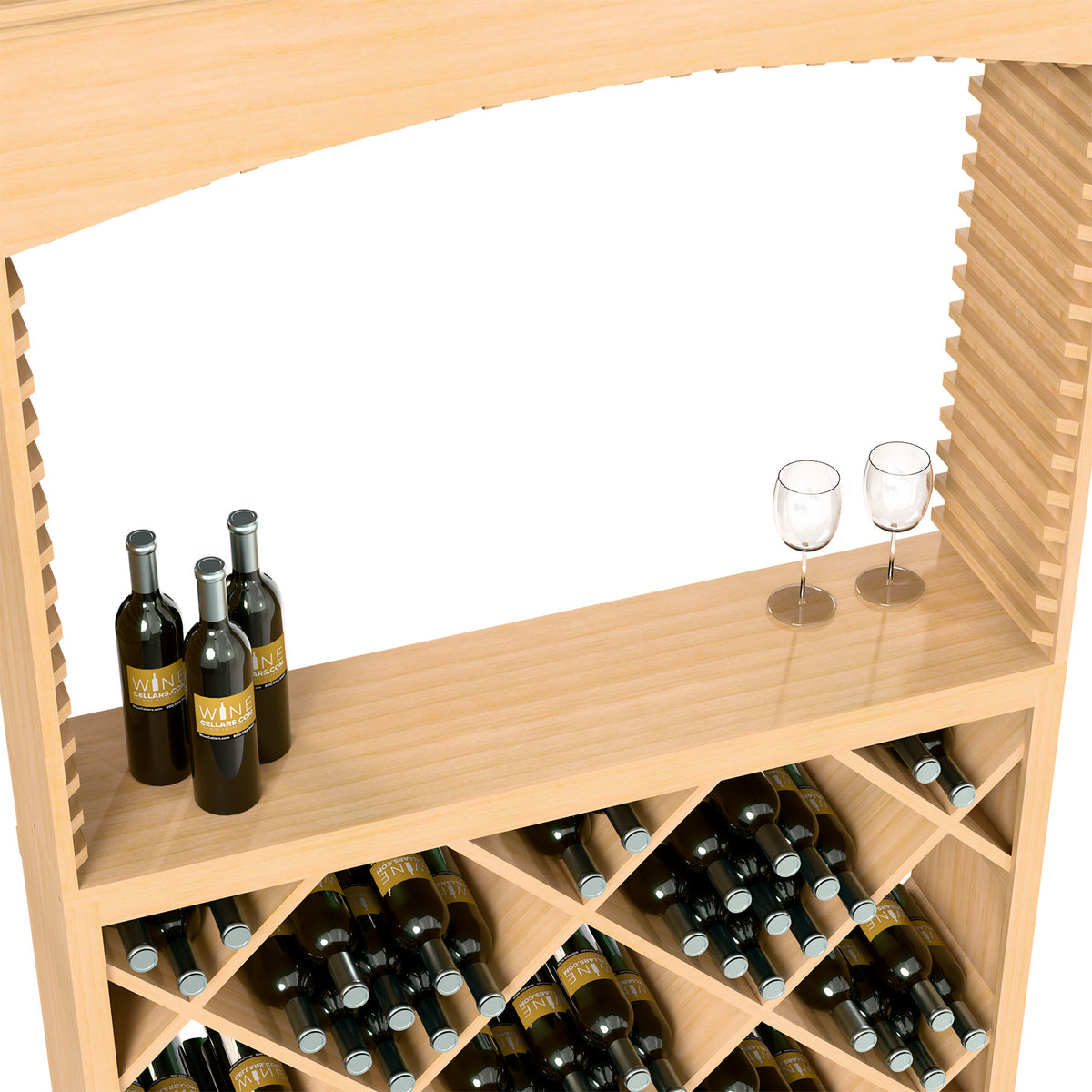 Light-wood wine tasting station interior with bottle slots and two stemmed glasses