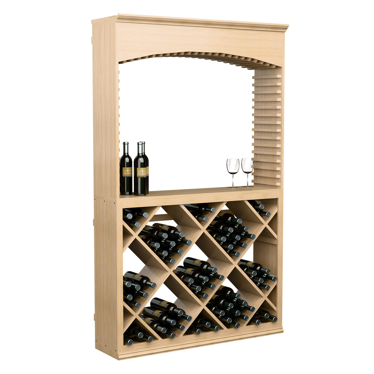 Light wood wine tasting station with arched open back and diamond wine rack storage