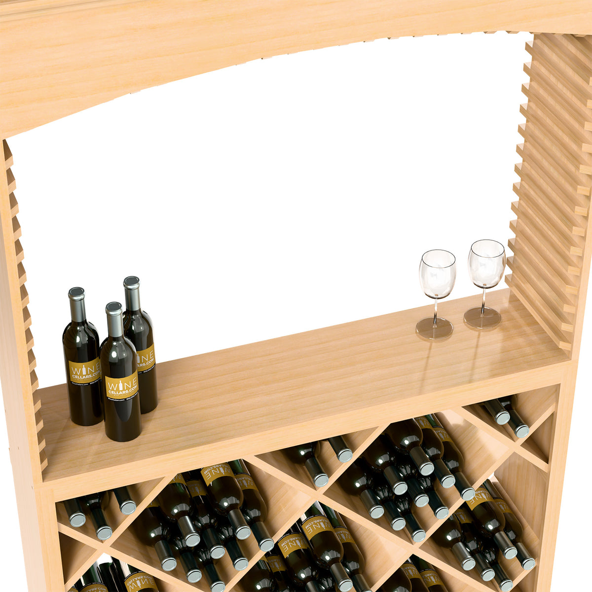 Light wood tasting shelf with bottle slots and stemware on top, diamond lattice rack