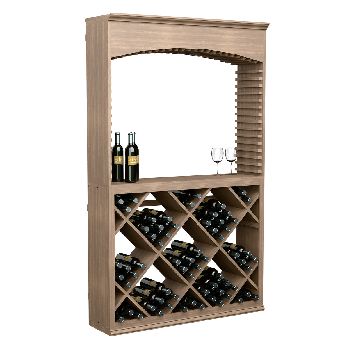 Front view of light wood wine tasting station with arched top and diamond wine rack