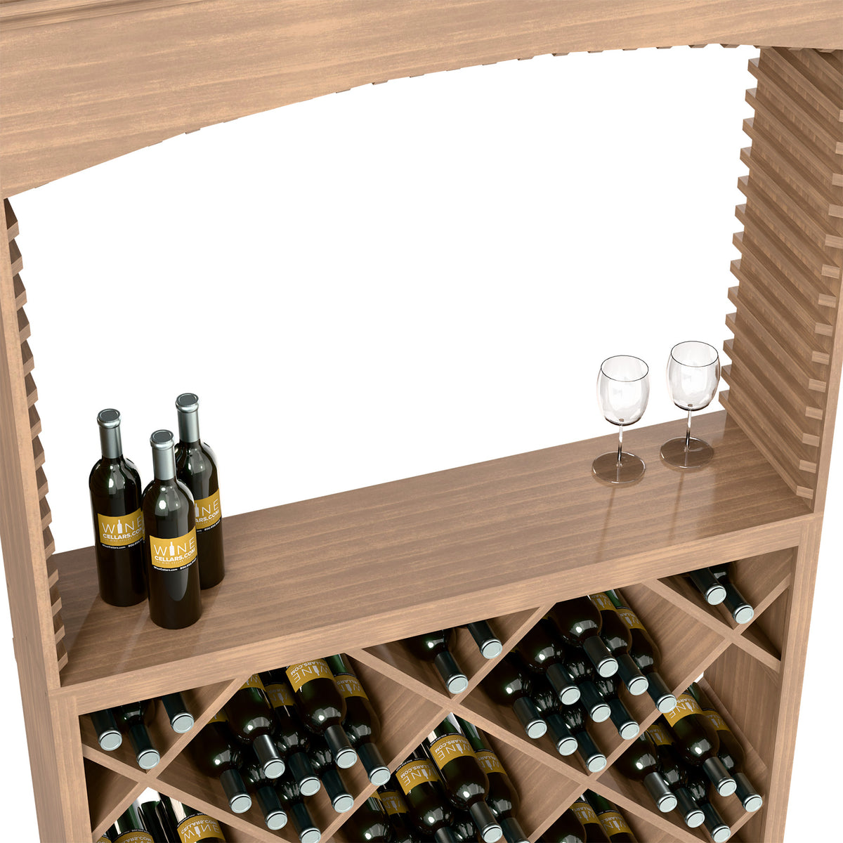 Light wood tasting shelf with diamond wine rack and wine bottle storage below