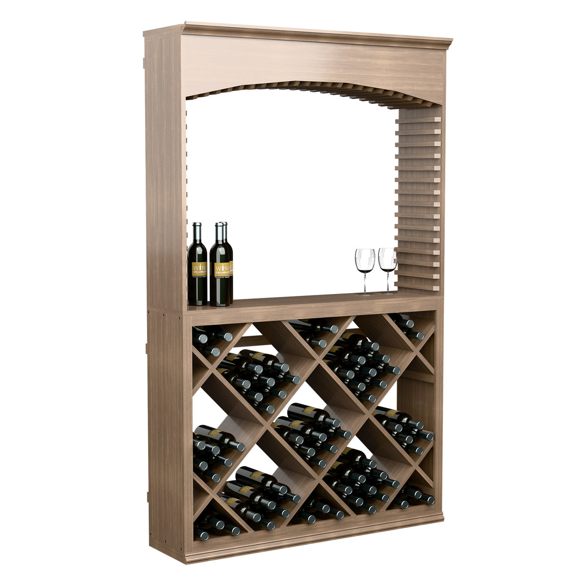 Light wood wine tasting station with arched opening and diamond lattice wine rack