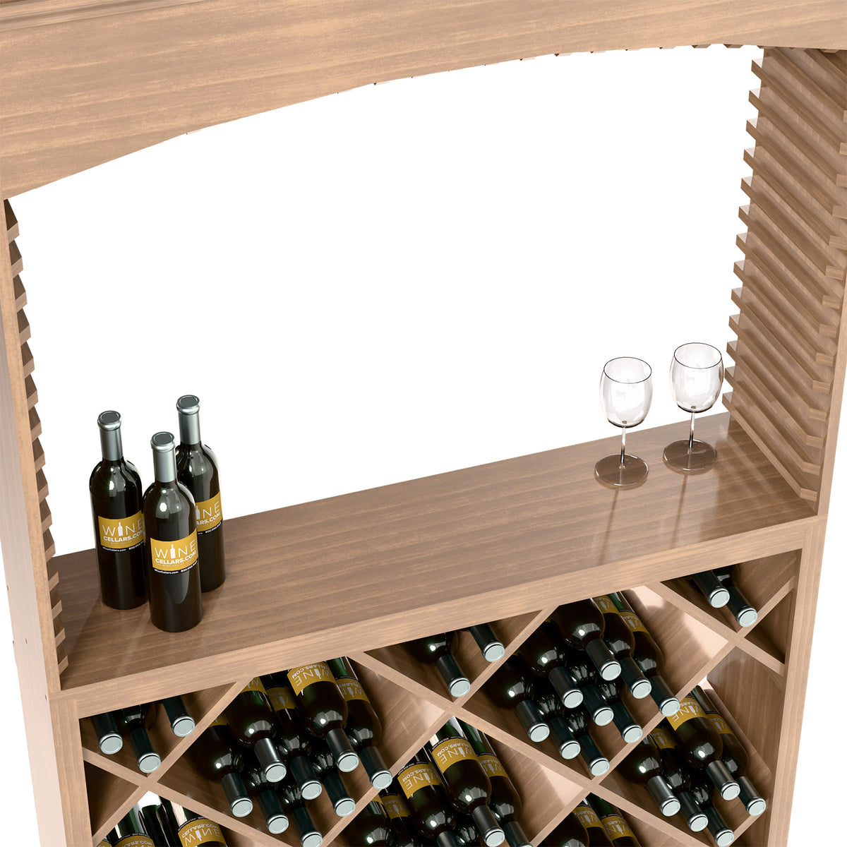 Light wood bar shelf with wine bottle slots, stemware, and diamond lattice wine rack