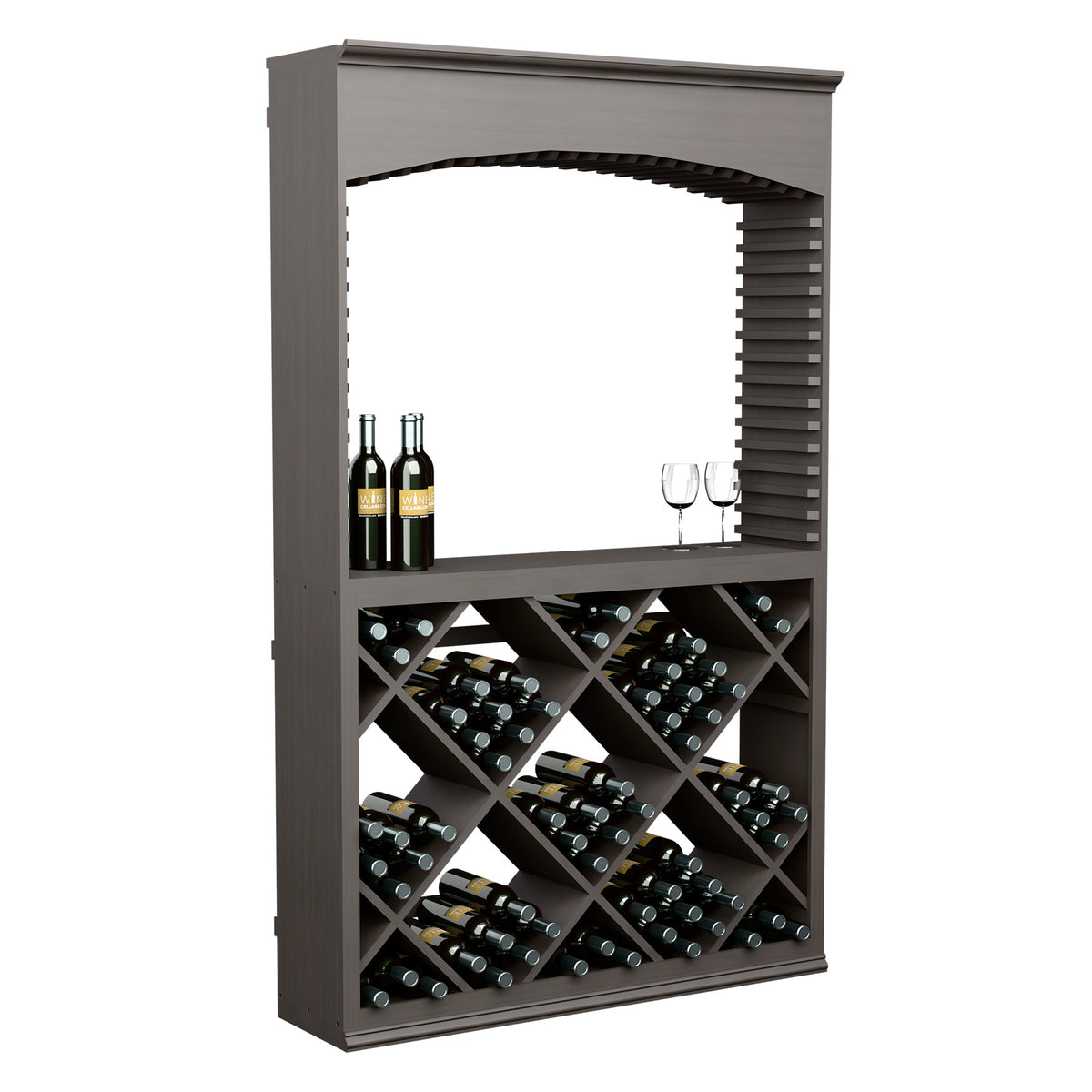 Dark wood wine tasting station with arched opening and diamond lattice wine rack storage