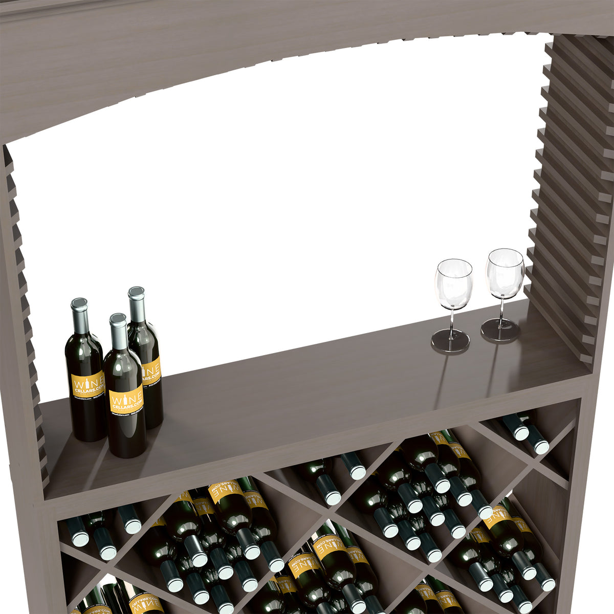Dark wood tasting shelf with stemware and bottle storage, diamond lattice rack