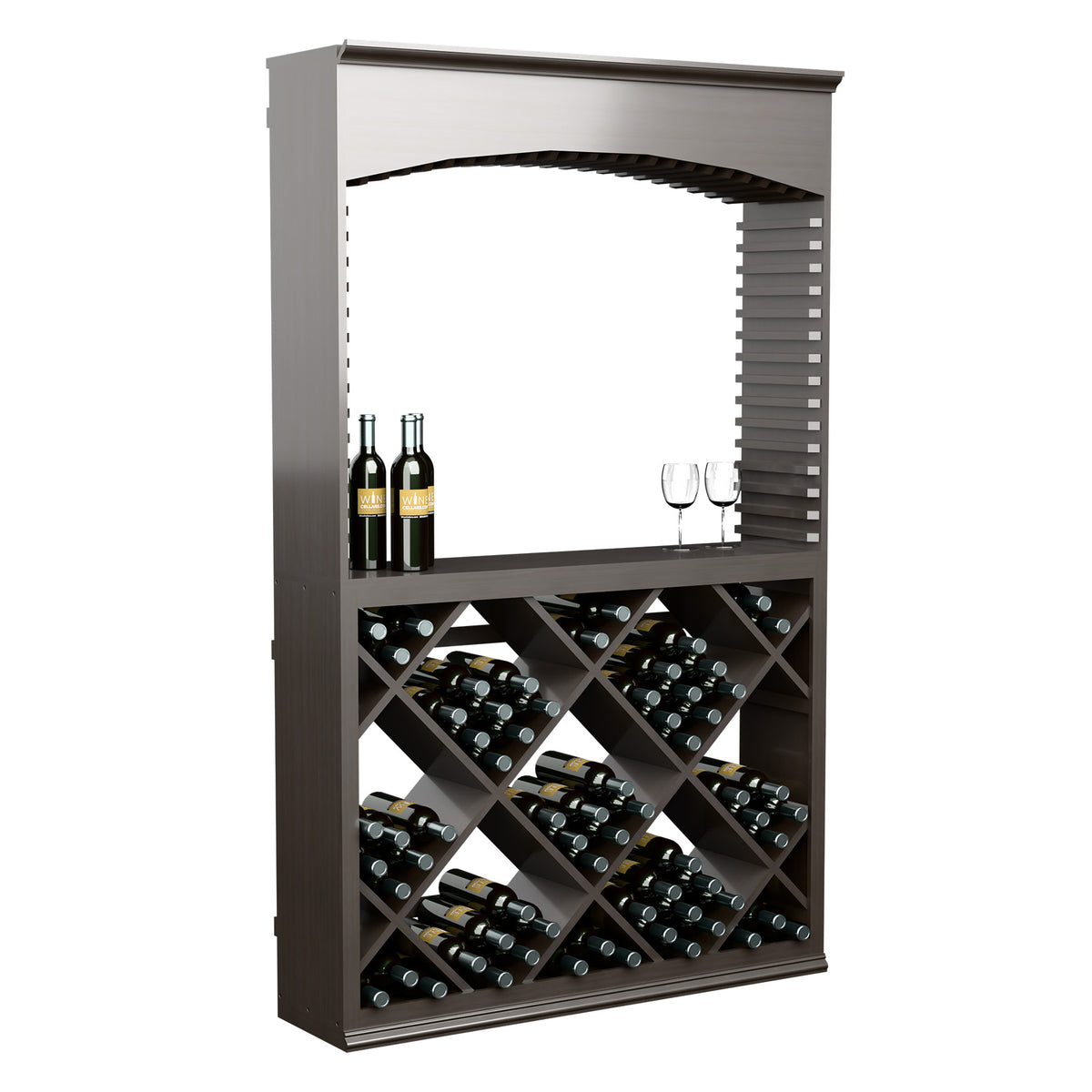 Front view of dark wood wine tasting station with arched top and diamond wine rack