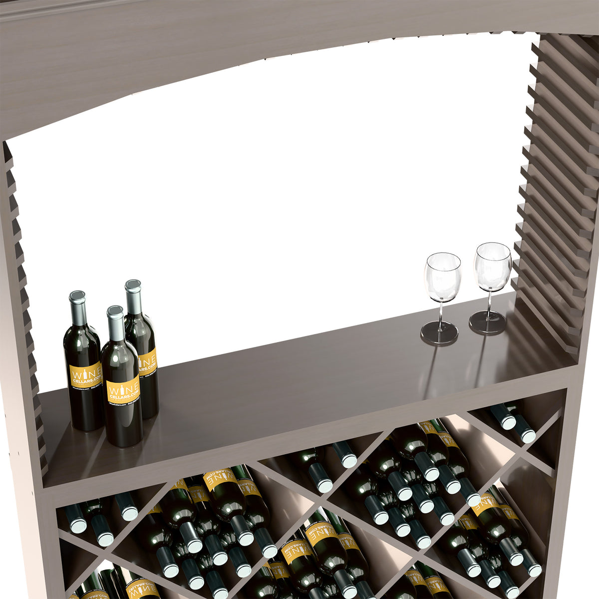 Dark wood bar shelf with wine bottle slots, stemware, and diamond lattice wine rack