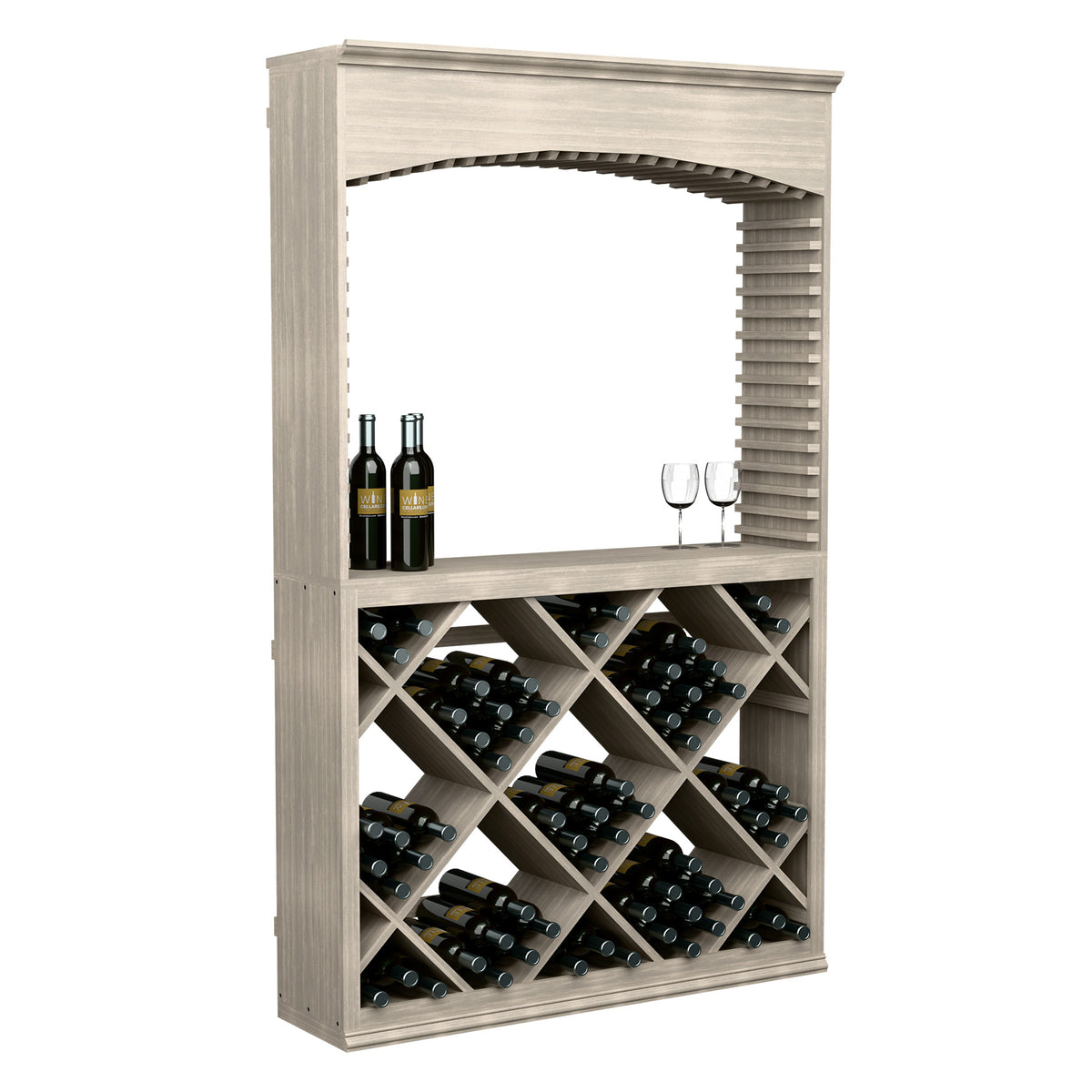 White-wash wood wine tasting station with arched opening and diamond bottle rack