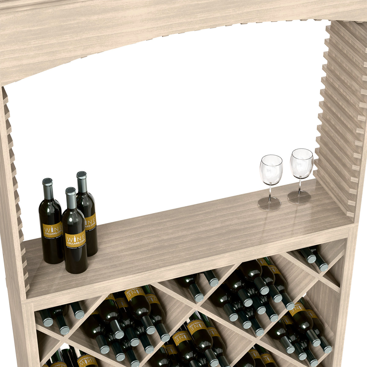 White-wash wine station top shelf with bottles and two stemmed glasses; diamond racks