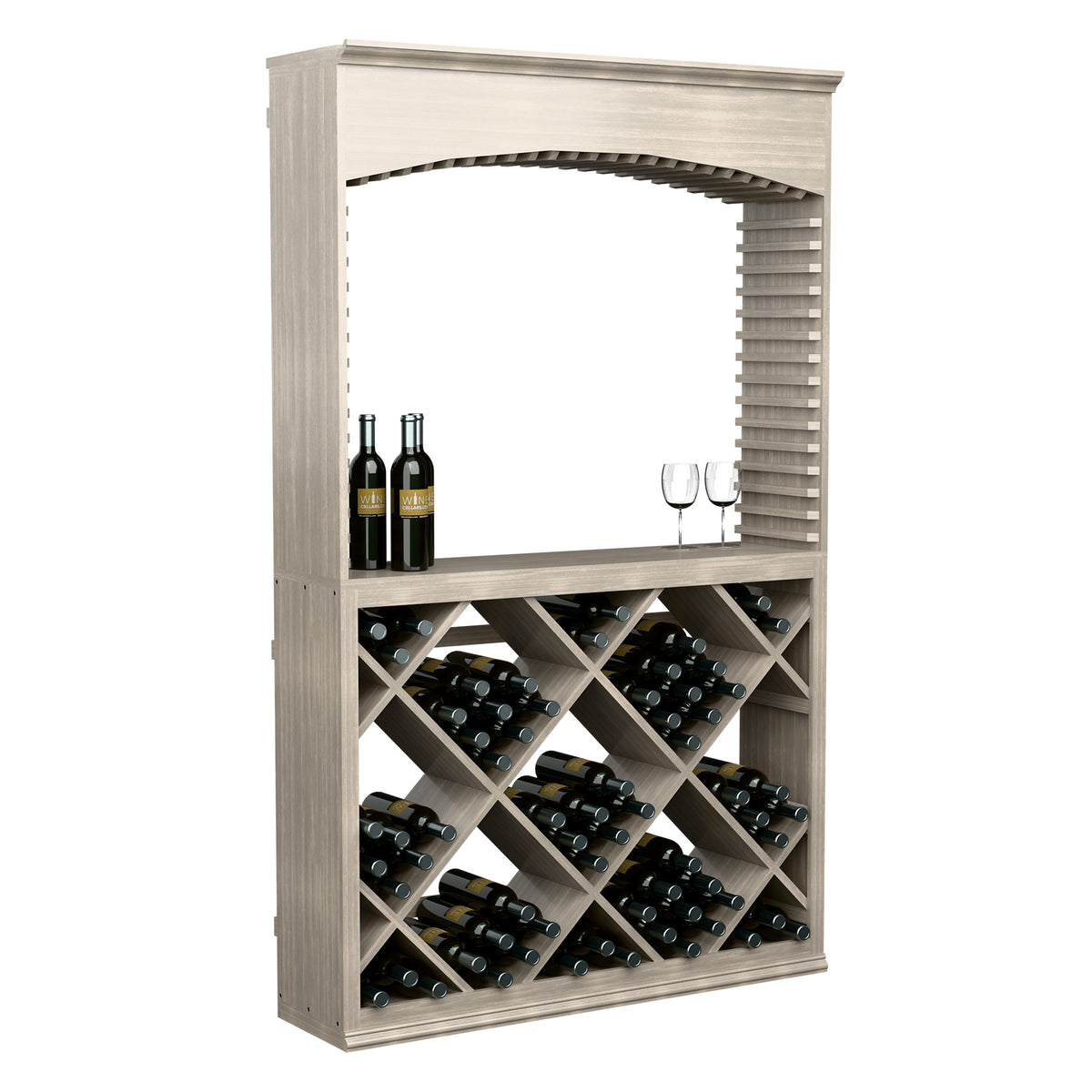 White-wash wood wine tasting station with arched frame and diamond-pattern bottle storage