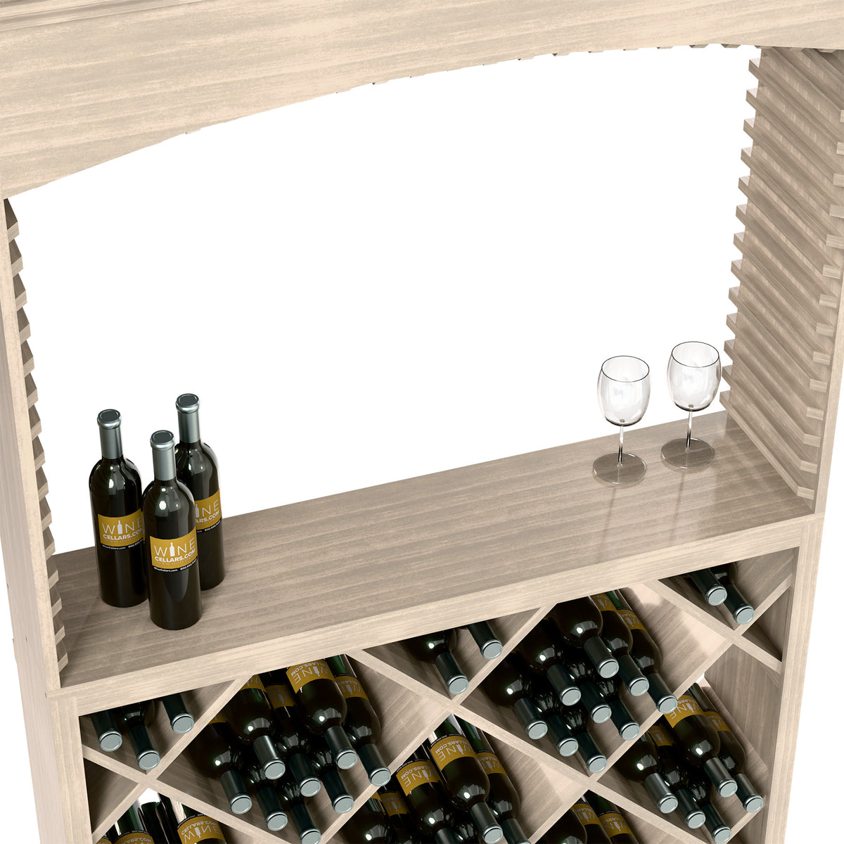 White-wash wine station side view with bottles, two glasses, and diamond bottle rack