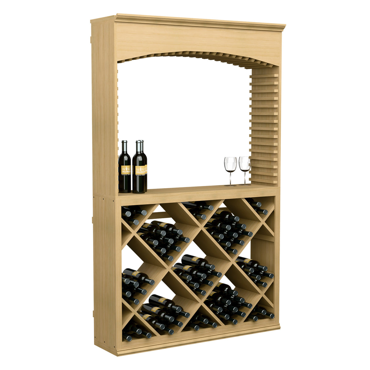 Light wood wine tasting station with arched opening and diamond wine bottle storage