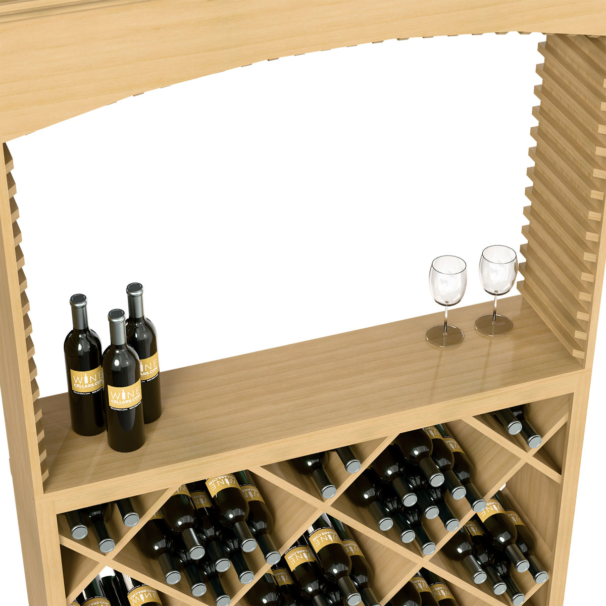Light wood wine station top shelf with bottles and two glasses; diamond bottle racks