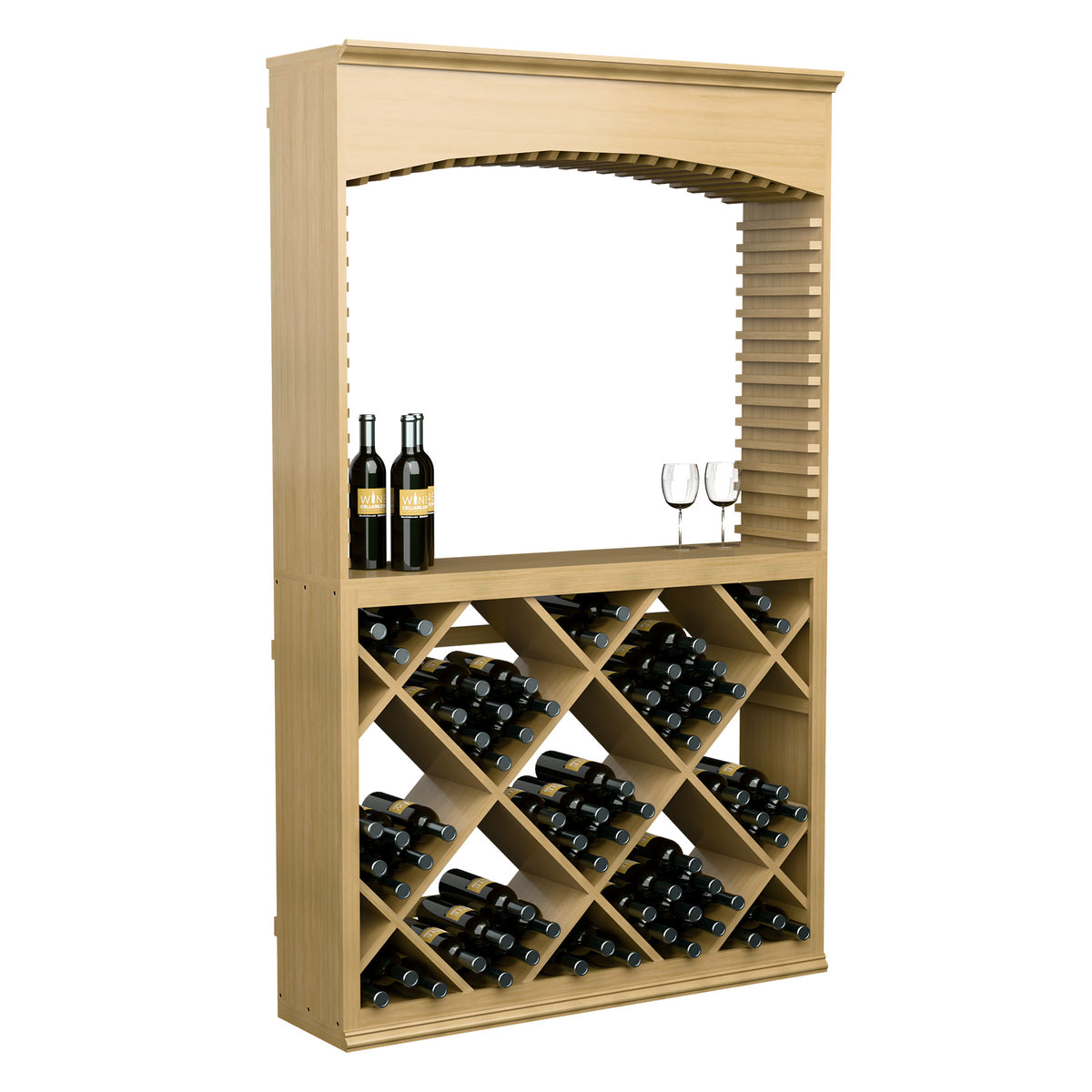 Light wood wine tasting station with arched top and diamond-pattern bottle display