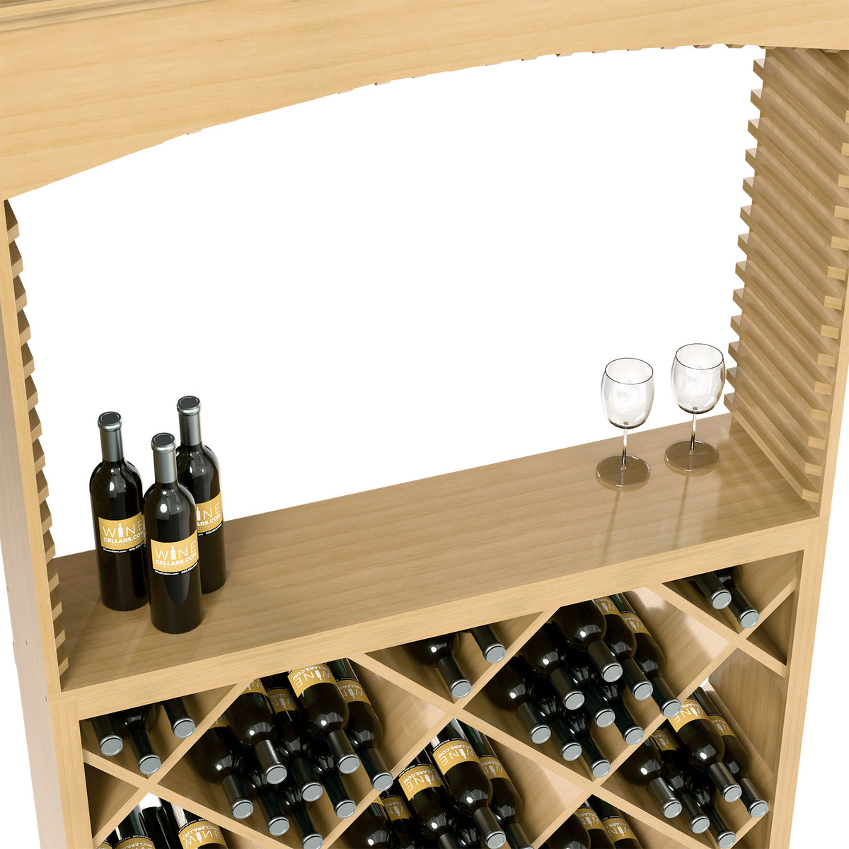 Light wood wine station side close-up with bottles, two glasses, and diamond bottle rack