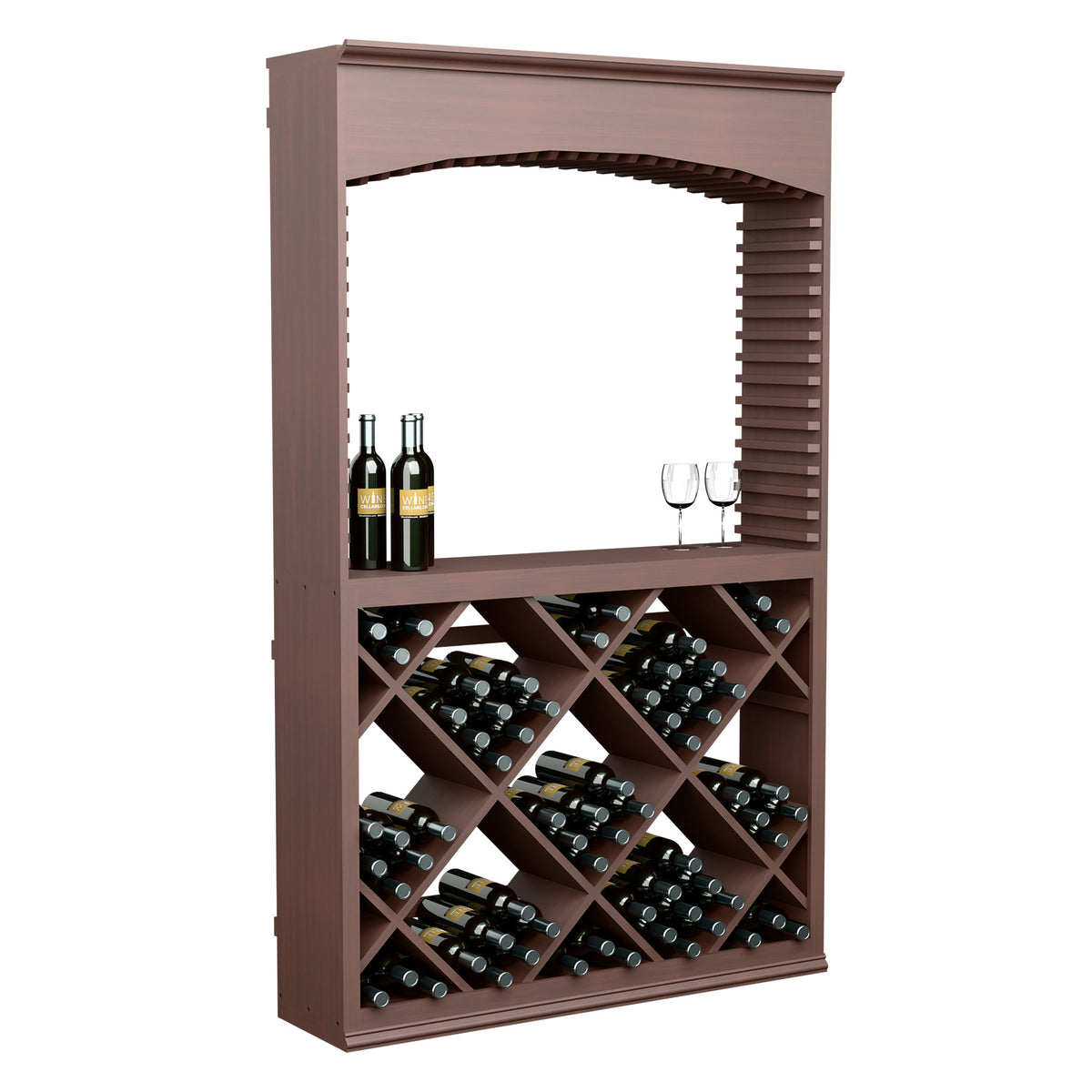 Dark-stained wood wine tasting station with arched opening and diamond bottle rack