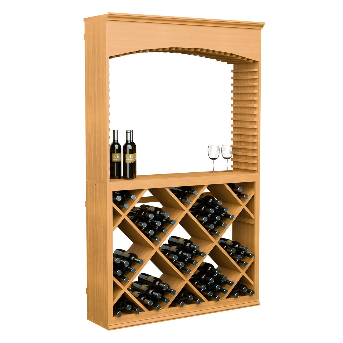 Light wood wine tasting station with arched top, slatted side panels, and cross-brace bottle storage