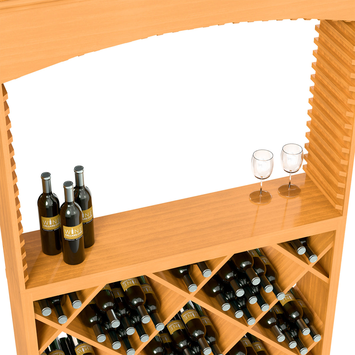 Light wood wine tasting station interior with bottle racks, two wine glasses, and stacked bottles