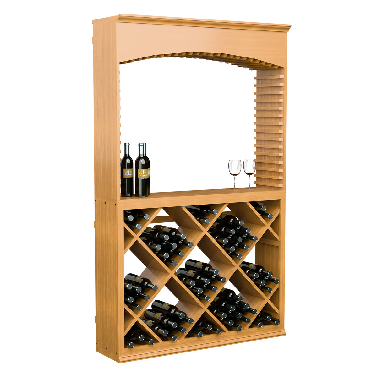 Light wood wine tasting station with arched top, slatted side panels, and cross-brace cubby racks
