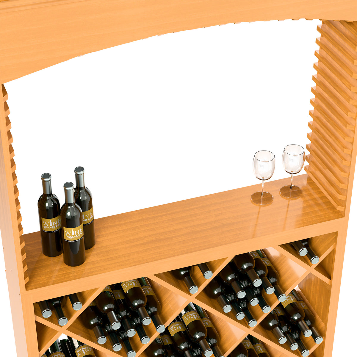 Light wood wine tasting station interior with bottle racks and two wine glasses on the shelf