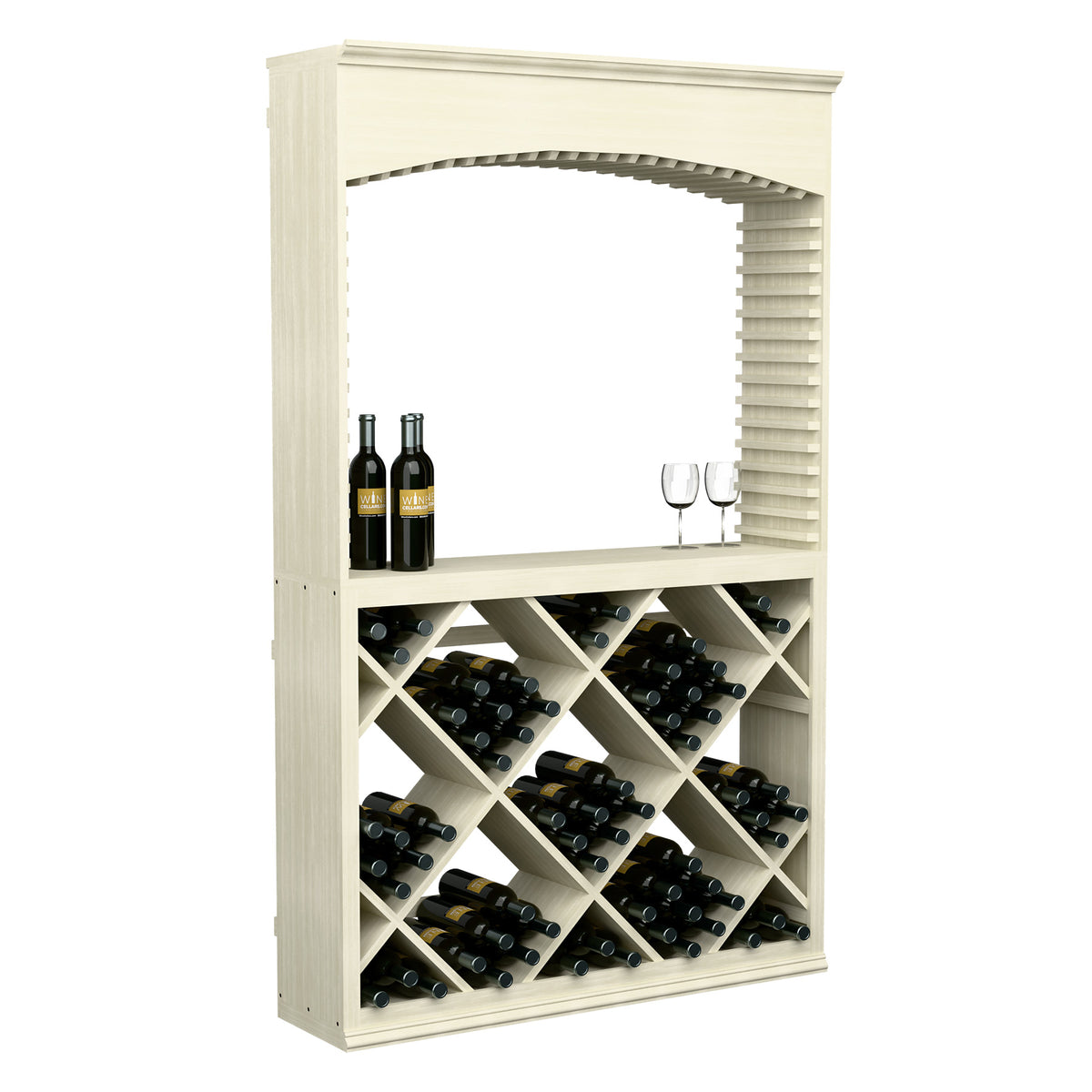 White wine tasting station with arched top, slatted side panels, and cross-brace bottle storage