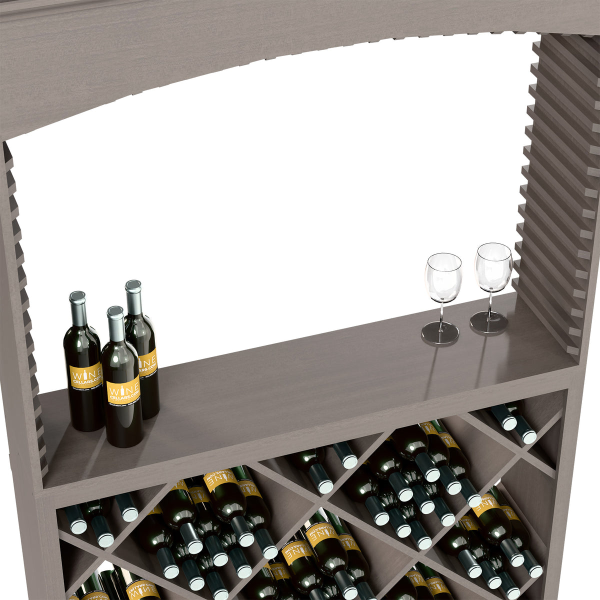 Dark wine tasting station counter with bottle display cubbies and two stemmed glasses