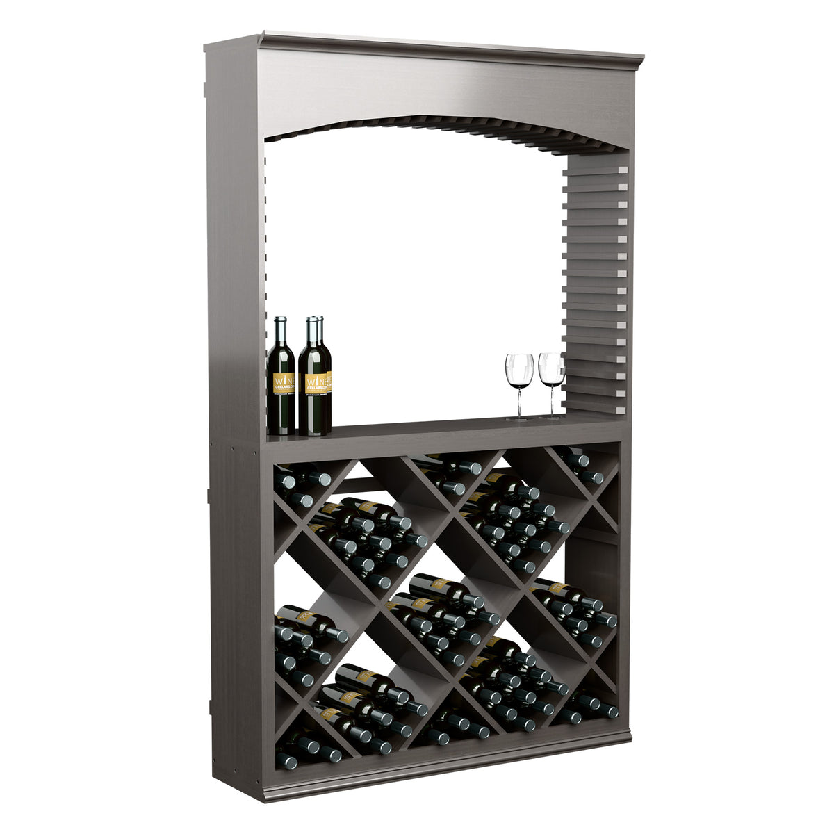 Dark arched wine tasting station with diamond-pattern wine rack and open serving shelf