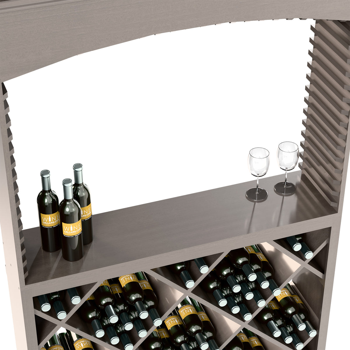 Dark wood wine tasting station shelf with bottles, glass holders, and diamond cubby rack
