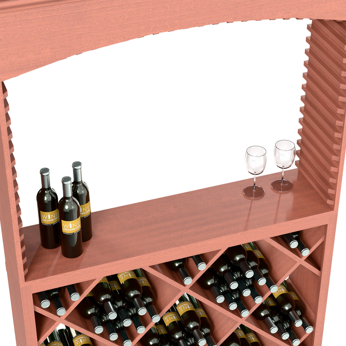 Red wine tasting station counter with bottle slots, diamond rack, and two stemmed glasses