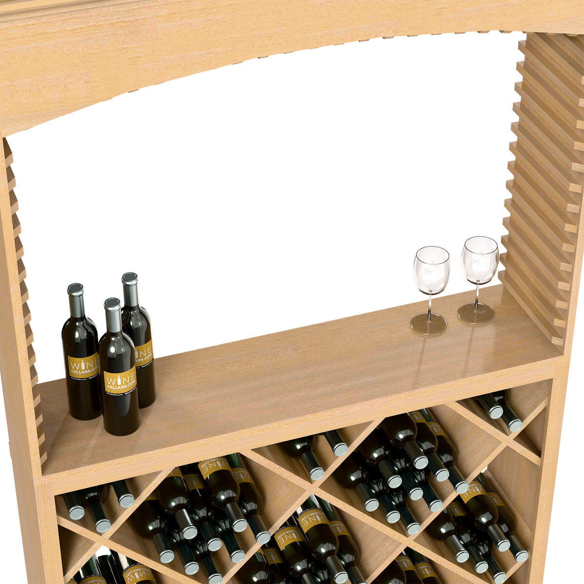 Light wine tasting station counter with bottle cubbies, diamond rack, and two stemmed glasses