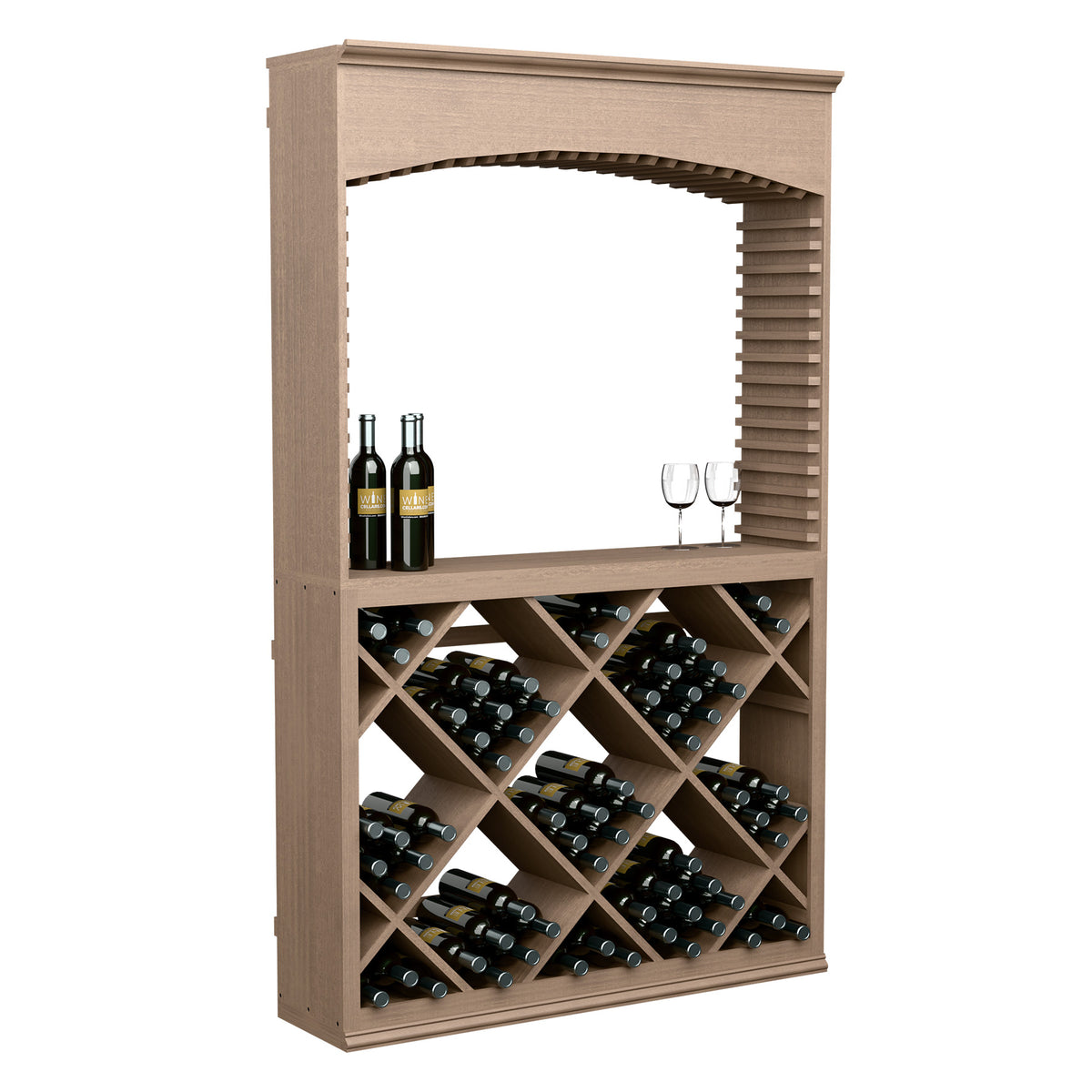 Light wood wine tasting station front view with arched opening, diamond bottle rack and bottles