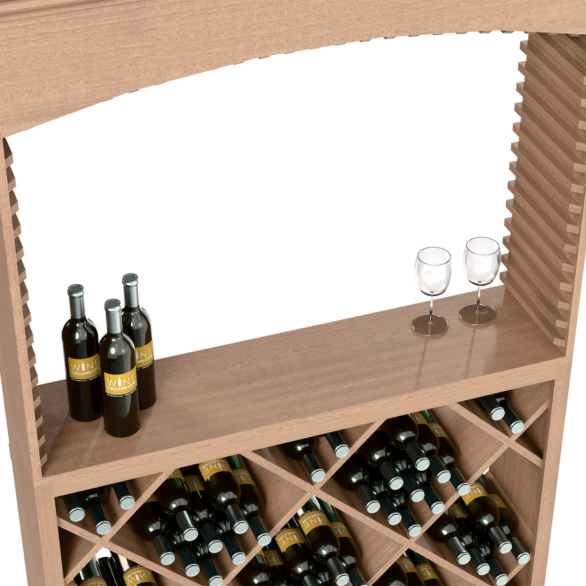 Light wood bar shelf with bottles on diamond wine rack and two empty wine glasses