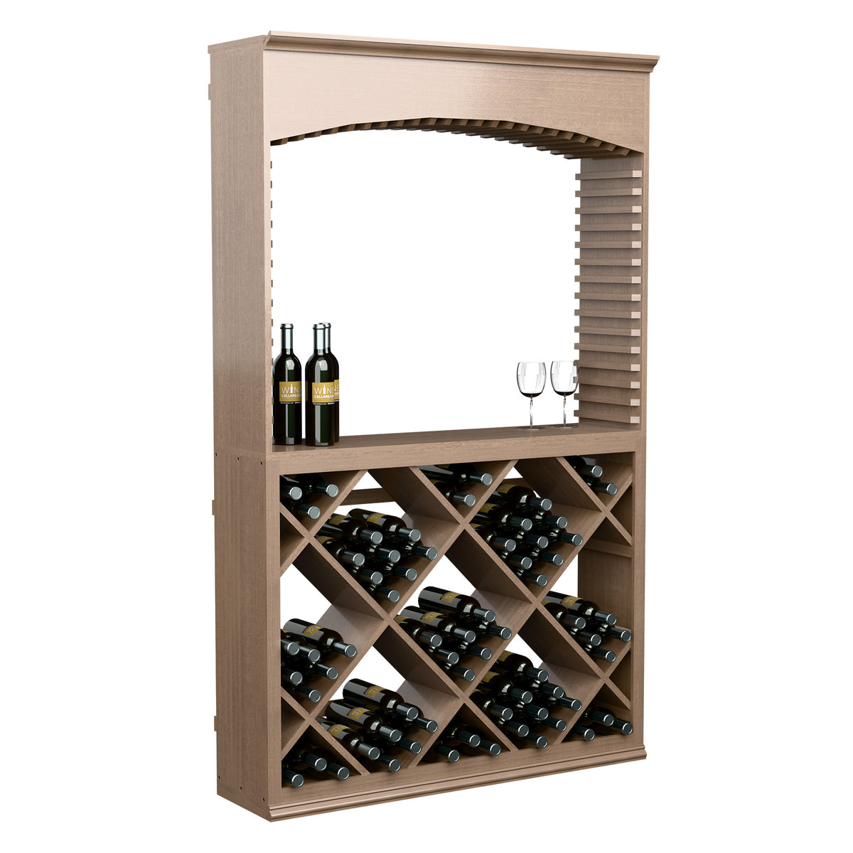 Light wood wine tasting station with arched top, diamond wine rack, and rowed bottles