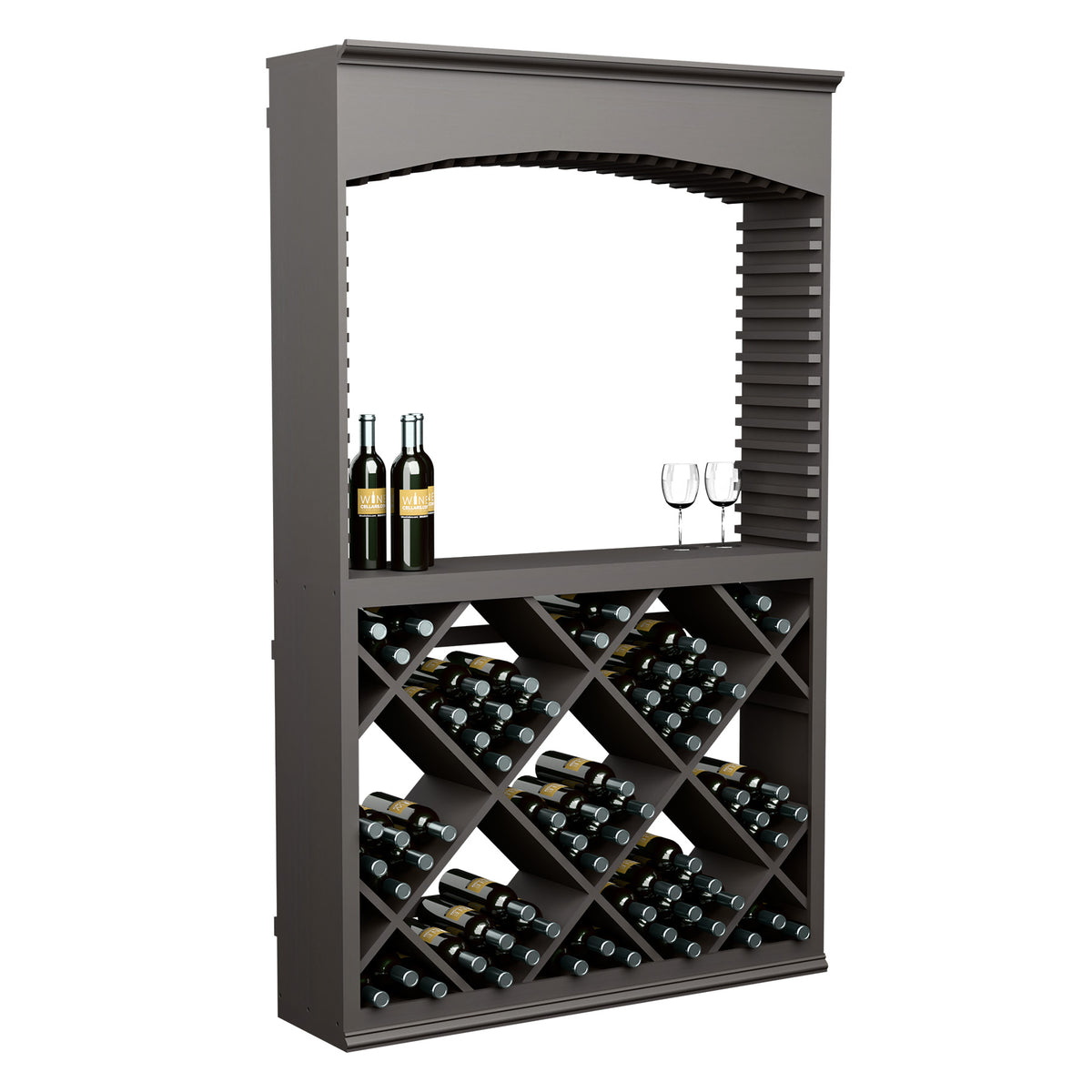 Dark wood wine tasting station with arched opening, diamond wine rack, bottles and glasses