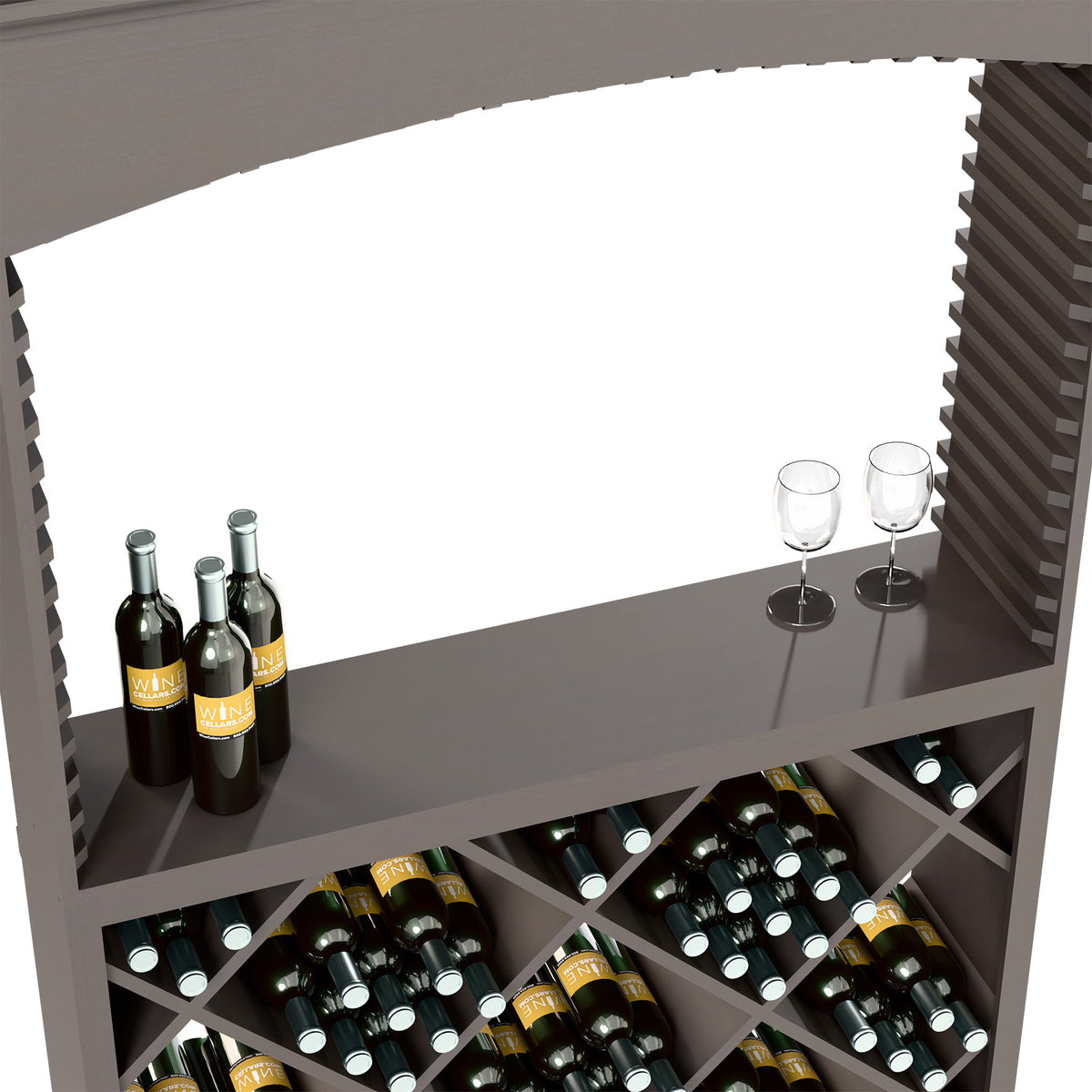 Dark wood wine rack with bottles in diamond crisscross slots and two empty wine glasses