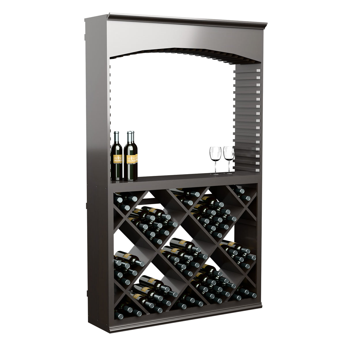 Dark wood wine tasting station front view with arched opening and diamond bottle rack